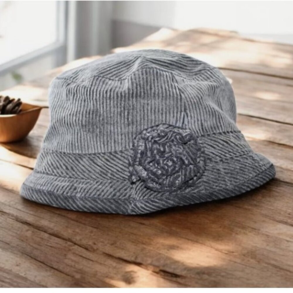 Vintage Finesse Women's Corduroy Bucket Hat Grey With Flower 6 7/8